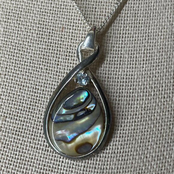 18" Sterling Silver Round Blue Topaz & Abalone Shell Necklace Vintage - Picture 2 of 6